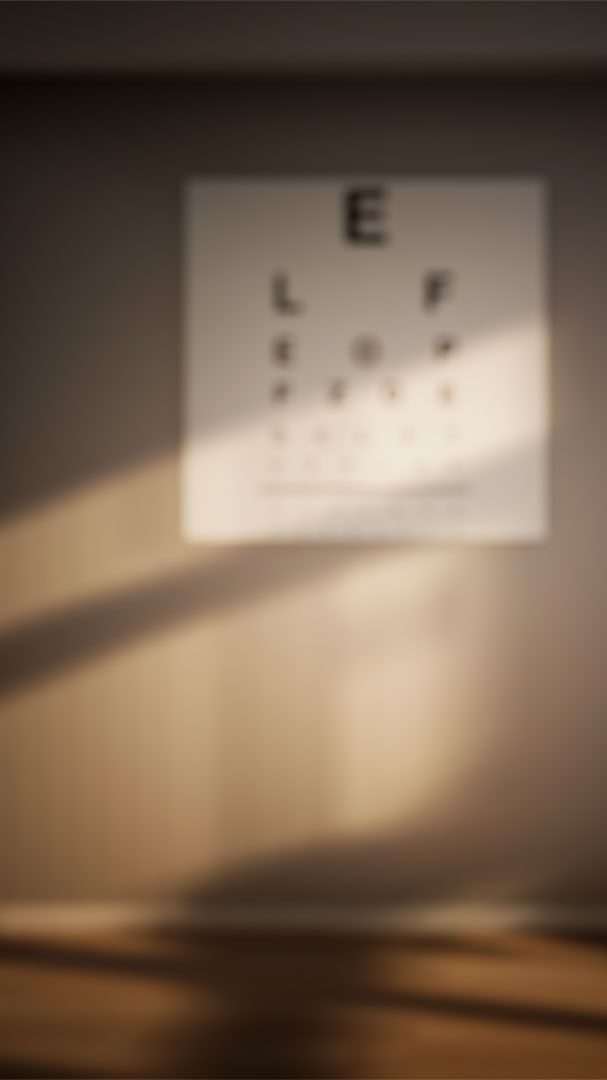 Hier ist ein Bild aus der Augenarztpraxis zu sehen. Man sieht recht verschwommen in einiger Entfernung eine Tafel mit Buchstaben in unterschiedlichen Größen für den Sehtest. 
